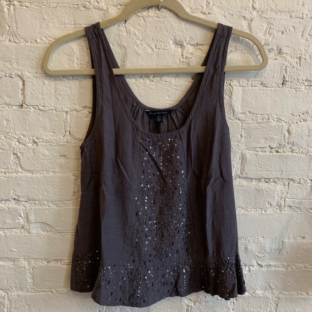 American Eagle Gray Sequin Ruffle Tank